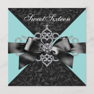 Invitation Diamonds Turquoise Blue Black Sweet 16 Anniversair