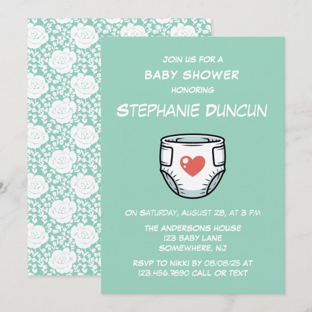 Invitation Diaper With A Red Heart Baby Shower (Devant / Derrière)