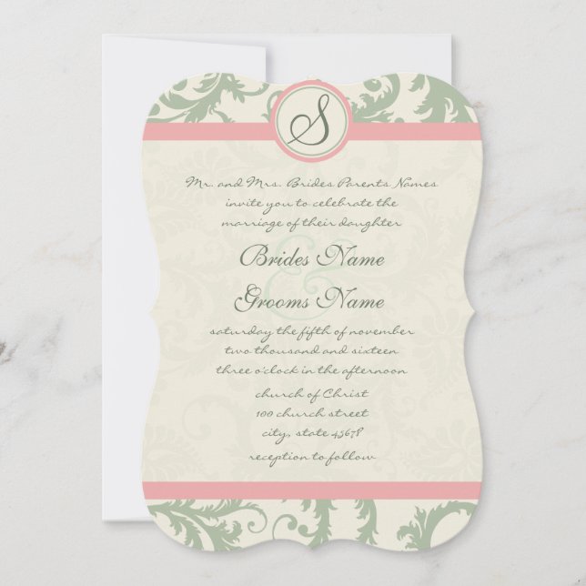 Invitation Die Cut Green Dusty Rose Mariage damassé (Devant)