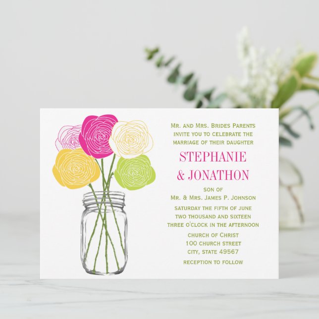 Invitation Die Cut Ranunculus Rose Lime Rose Jaune Mason Jaun (Debout devant)