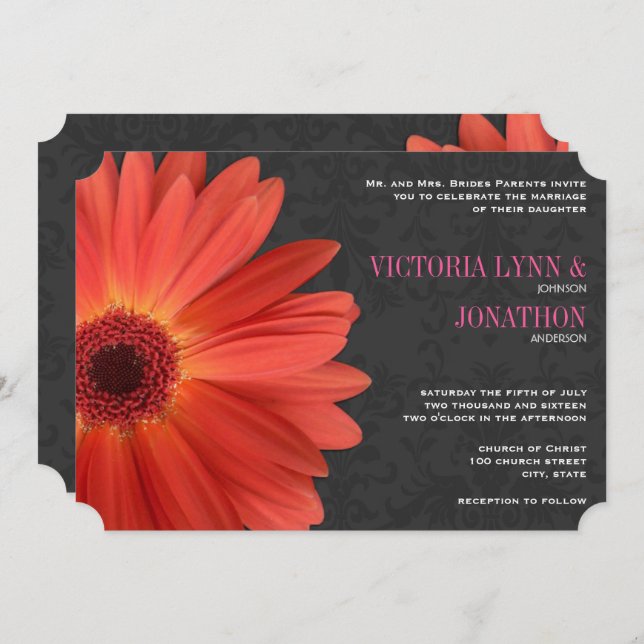 Invitation Die Cut rose orange Gerber Daisy Mariage (Devant / Derrière)