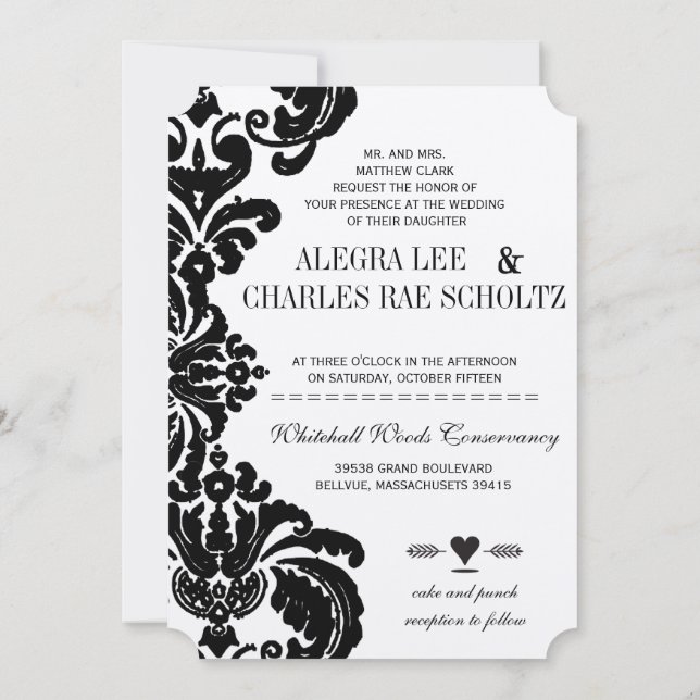 Invitation Die Cut Vintage Black Mariage damassé (Dos)