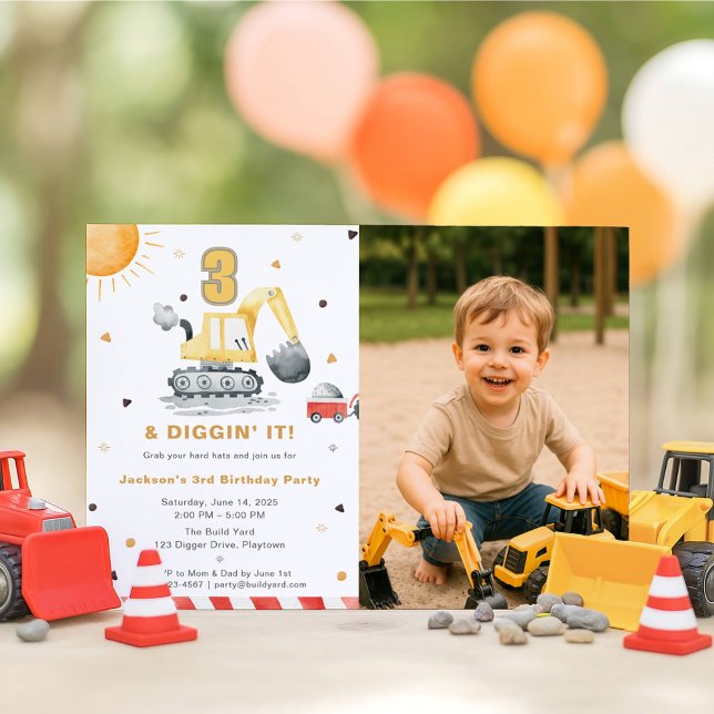 Invitation Digger Truck Construction 3rd Birthday Party Photo (Créateur téléchargé)
