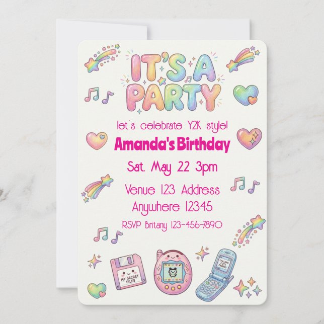 Invitation Digi-Cute Style Y2K Anniversaire Couleur Arc-en-ci (Devant)