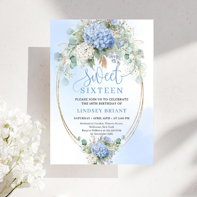 Invitation Digital Blue Floral Gold Sweet Sixteen Celebration (Digital Blue Floral Sweet Sixteen Celebration Invite)