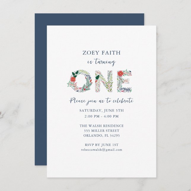 Invitation Digital Floral 1ère Filles Fête d'anniversaire (Devant / Derrière)