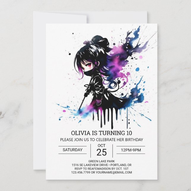 Invitation Digital Pastel Ninja Fille Anniversaire (Devant)
