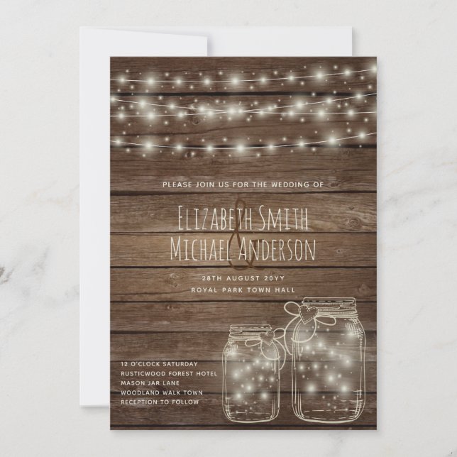 Invitation Digital Rustic Wedding Inviter Mason Jars Lumières (Devant)