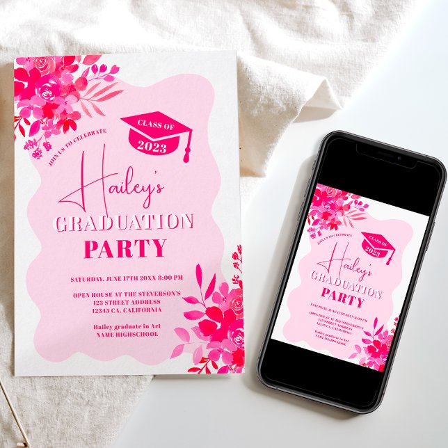 Invitation Digradation florale rose chaud à cadre ondulé roug (Créateur téléchargé)