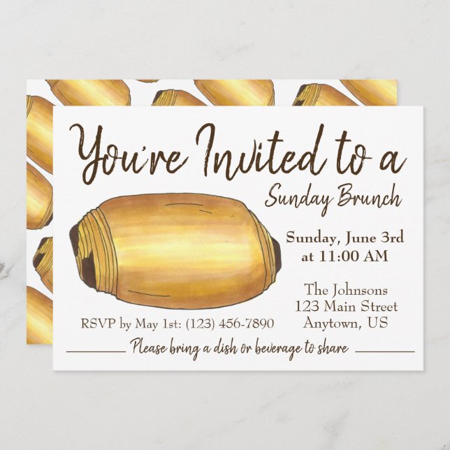 Invitation Dimanche Petit-déjeuner Brunch Pain au Chocolat Cr (Devant / Derrière)