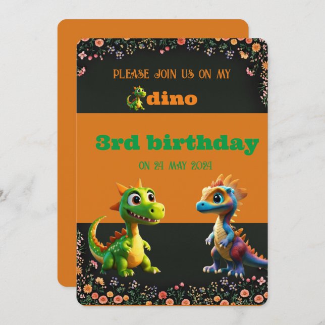 Invitation dinasaur joli anniversaire (Devant / Derrière)