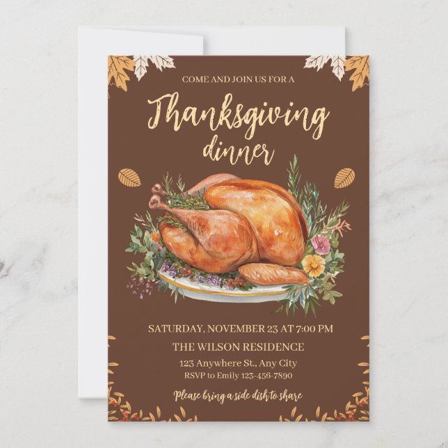 Invitation Dinde de dîner de Thanksgiving Citrouilles Marron (Devant)