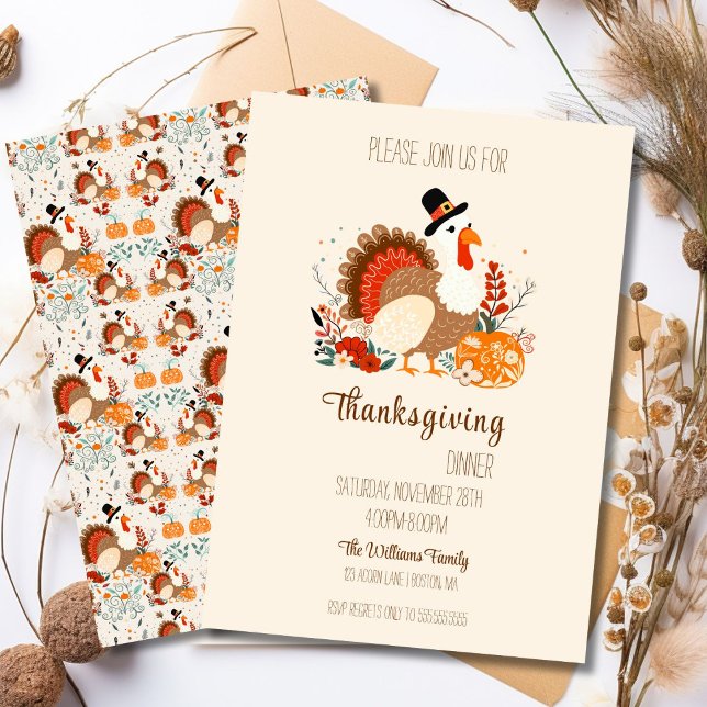 Invitation Dinde de Thanksgiving avec citrouilles, feuillage  (Créateur téléchargé)