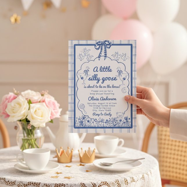 Invitation Dinde Folle Dessinée Ruban Gingham Bleu Baby Showe (Créateur téléchargé)