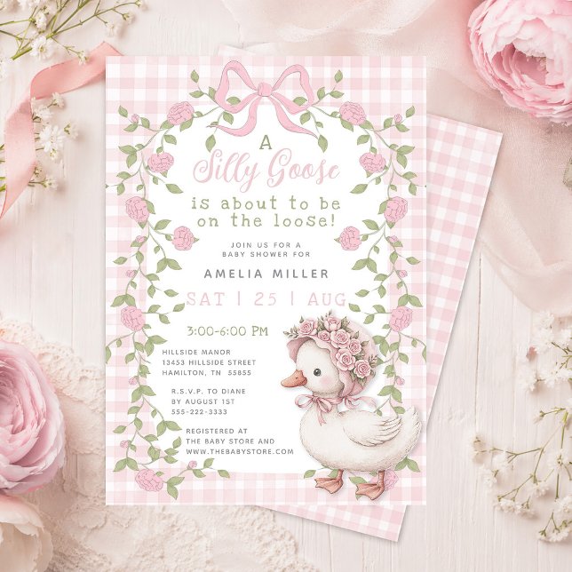 Invitation Dindon de la Farce en Liberté Baby Shower Rose à C (Silly Goose On the Loose Pink Gingham Baby Shower Invitation)