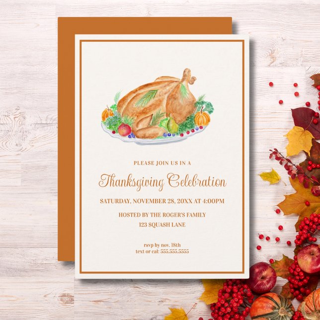 Invitation Dindon de Thanksgiving à l'aquarelle  (Créateur téléchargé)