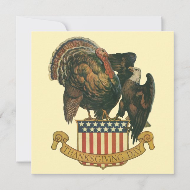 Invitation Dindon de Thanksgiving vintage, aigle, drapeau amé (Devant)