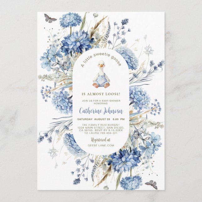Invitation Dindon Floral Bleu Code Qr Baby Shower (Devant)
