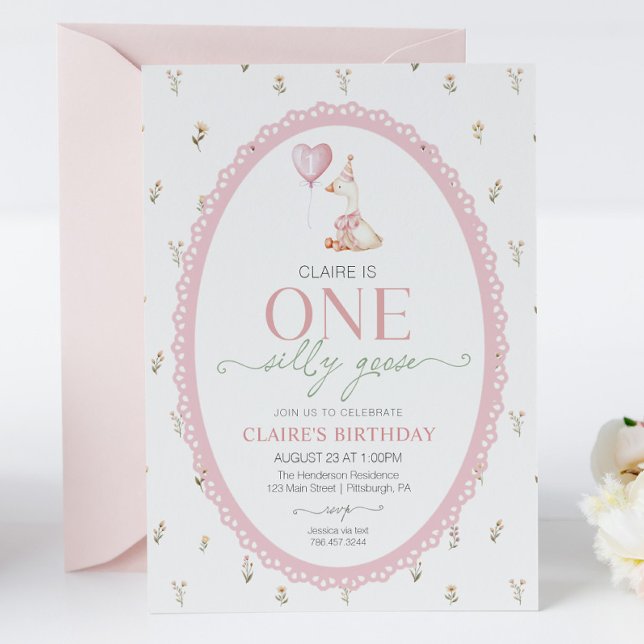 Invitation Dindon Rose Fleurie Premier Anniversaire (Créateur téléchargé)