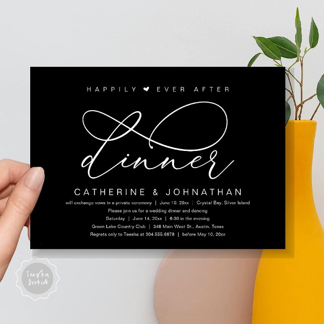 Invitation Dîner à jamais heureux, fête romantique moderne (Happily Ever After Dinner Party, Modern Romantic Wedding  Invitation Card, PDF, Classy Black)