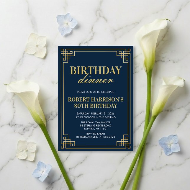 Invitation Dîner Anniversaire Élégant Navy Or 80èm (SEE FULL SUITE AT BOTTOM)