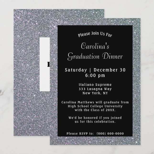Invitation Dîner Argent Sparkle Graduation Noire (Devant / Derrière)