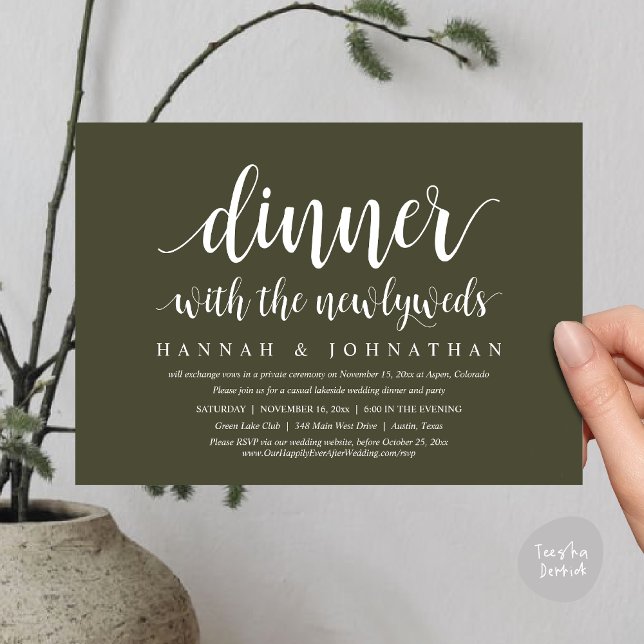 Invitation Dîner avec les jeunes mariés, Mariage Elopement (Dinner with the newlyweds, Wedding Elopement Invitation Card PDF Modern Rustic Party Olive Green)