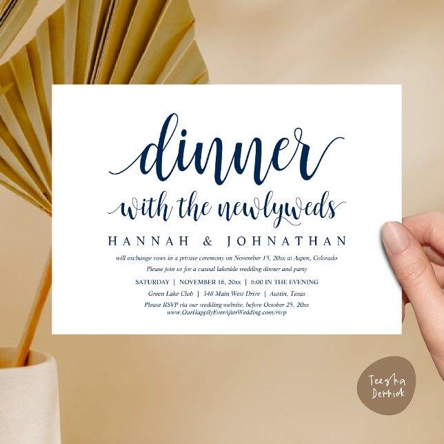 Invitation Dîner avec les jeunes mariés, Mariage Elopement (Dinner with the newlyweds, Wedding Elopement Invitation Card PDF Modern Rustic Party Navy Blue)