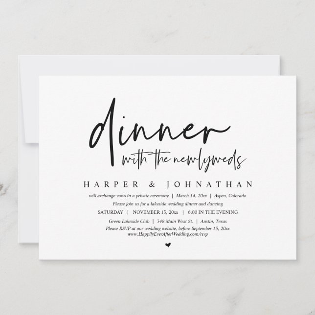 Invitation Dîner avec les nouveaux mariés, Mariage Elopement  (Devant)