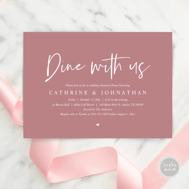Invitation Dîner avec nous, Dîner de répétition Mariage (Dine with us, Modern Wedding Rehearsal Dinner Party Invitation Card, PDF, in Dusty Rose Pink)