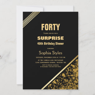 Invitation Dîner Black and Gold Surprise 40th Birthday
