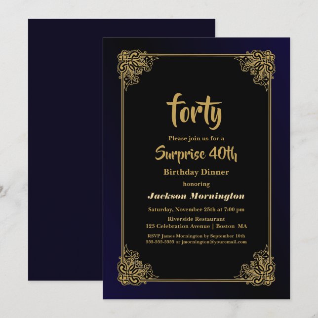 Invitation Dîner Black and Gold Surprise 40th Birthday (Devant / Derrière)