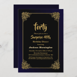 Invitation Dîner Black and Gold Surprise 40th Birthday