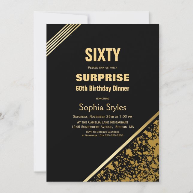 Invitation Dîner Black and Gold Surprise 60e anniversaire (Devant)