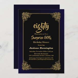 Invitation Dîner Black and Gold Surprise 80e anniversaire