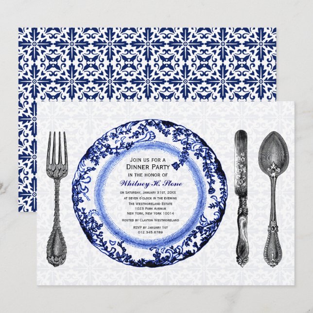 Invitation Dîner Bleu Fine (Devant / Derrière)