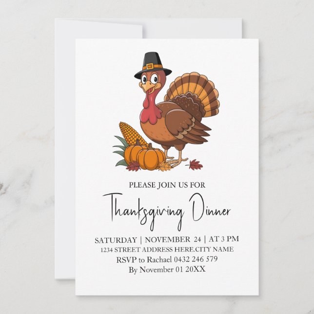 Invitation Dîner branché Thanksgiving Turquie Citrouille (Devant)