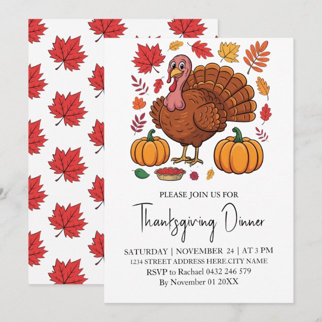 Invitation Dîner branché Thanksgiving Turquie Citrouille (Devant / Derrière)