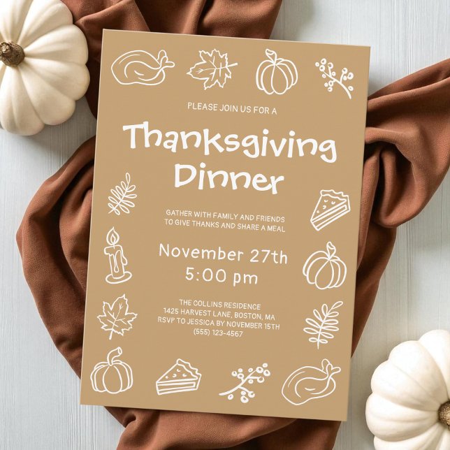 Invitation Dîner Brown Whimsical Thanksgiving (Hand Drawn Brown Whimsical Thanksgiving Dinner Invitation)