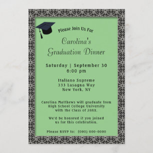 Invitation Dîner Cadre noir Casquette Lumière Vert Graduation