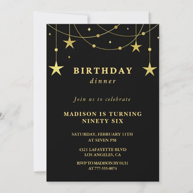 Invitation Dîner chic Black Gold Stars 96e anniversaire (Devant)