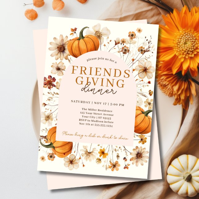 Invitation Dîner citrouille Floral Friendsgiving (Fall Pumpkin Friendsgiving Dinner Invitation
)