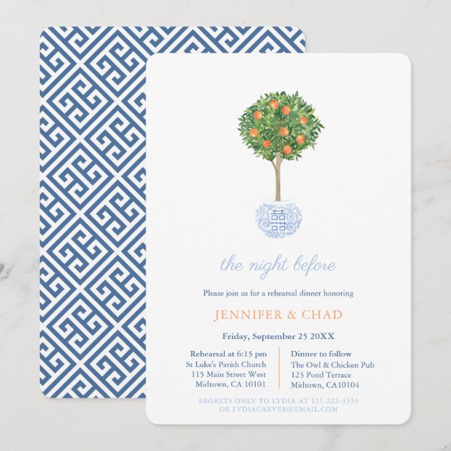Invitation Dîner classique de répétition Mariage bleu et oran (Devant / Derrière)