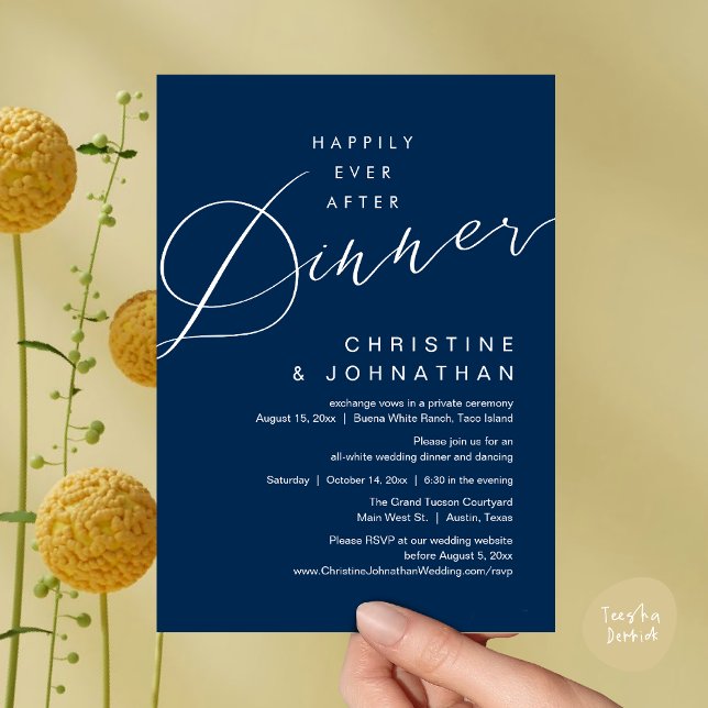Invitation Dîner conte de fées Mariage romantique (Happily Ever After Dinner, Modern Romantic Wedding Invites Card, PDF, Minimalist Clean, Navy Blue)