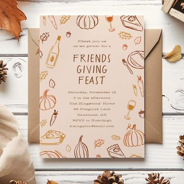 Invitation Dîner d'action avec des gribouillis (whimsical pumpkin and fall leaves doodles Friendsgiving invitation)