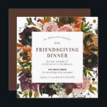 Invitation Dîner d'action d'amitié Rustic Red Floral<br><div class="desc">Le design floral rustique de l'automne comprend des fleurs rouge foncé, rose violet et doré. Ils sont entourés de feuilles verdoyants. Les détails du dîner Friendsgiving sont au centre dans un carré blanc. Le dos de cette invitation à dîner est rouge bordeaux profond. Cette invitation fait partie de la collection...</div>