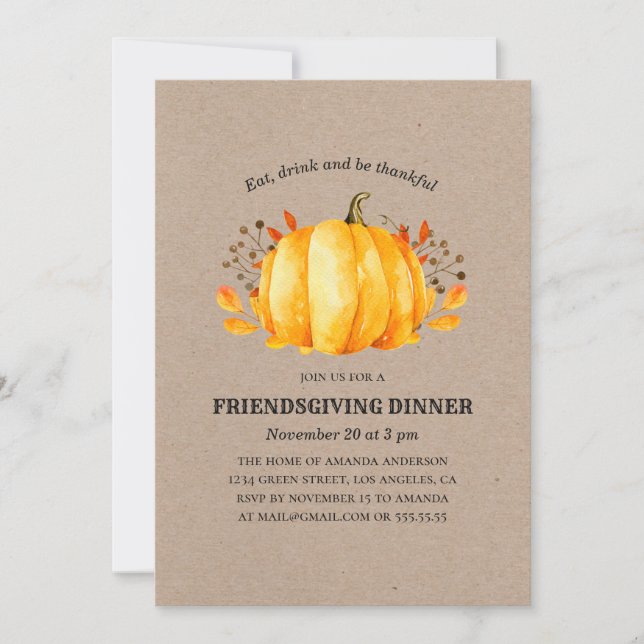 Invitation Dîner d'action de grâce. Citrouille rustique et ac (Devant)