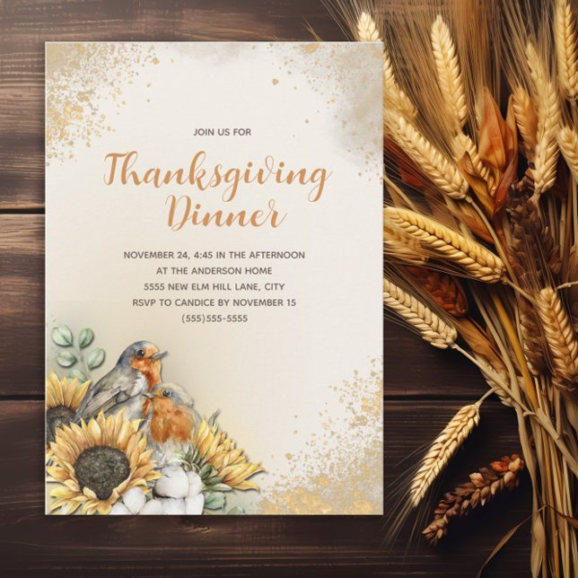 Invitation Dîner d'action de grâce Oiseaux d'automne tourneso (Sunflowers and bird Thanksgiving Dinner invitation)