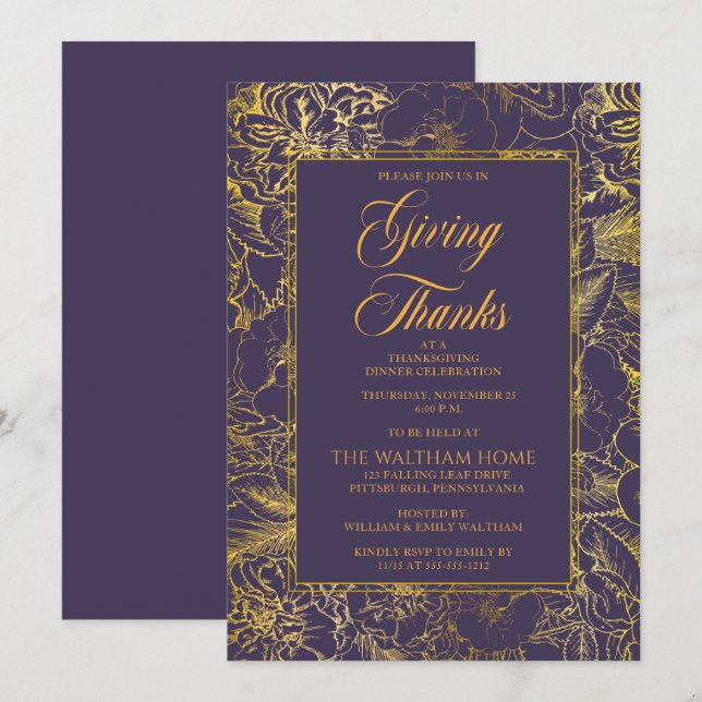 Invitation Dîner d'Action de grâce vintage Floral (Devant / Derrière)
