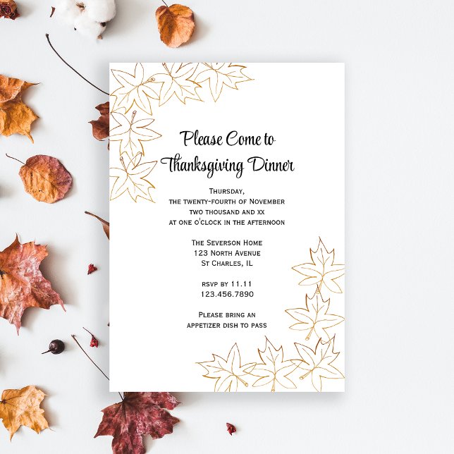 Invitation Dîner d'action de grâces à la feuille d'érable (Invite friends to gather and give thanks with this Fall Leaves Thanksgiving Dinner Invitation.)